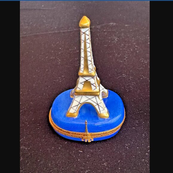 Rare Limoges France Peint Main Eiffel Tower Cobalt & Gold Eiffel Tower Clasp Box - Picture 10 of 10